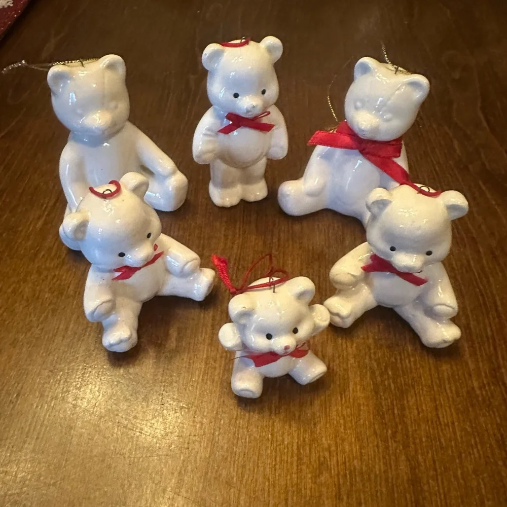 Vintage White Bear Ornament Set with Red Accents